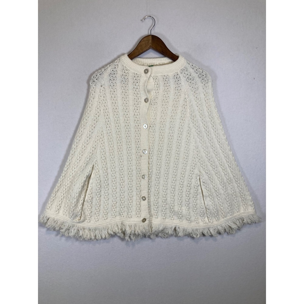 Vintage 60s Evry Green Women One Size Ivory Cable Knit‎ Fringe Button Front Cape